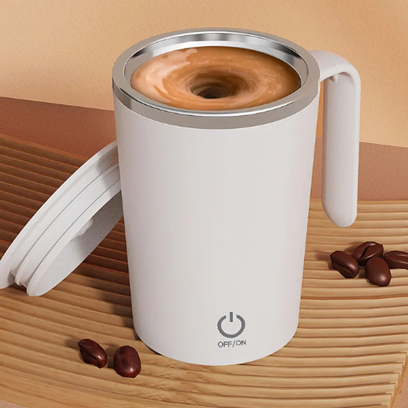 Automatic self-stirring mug designed for coffee, milk, hot cocoa, and other everyday beverages