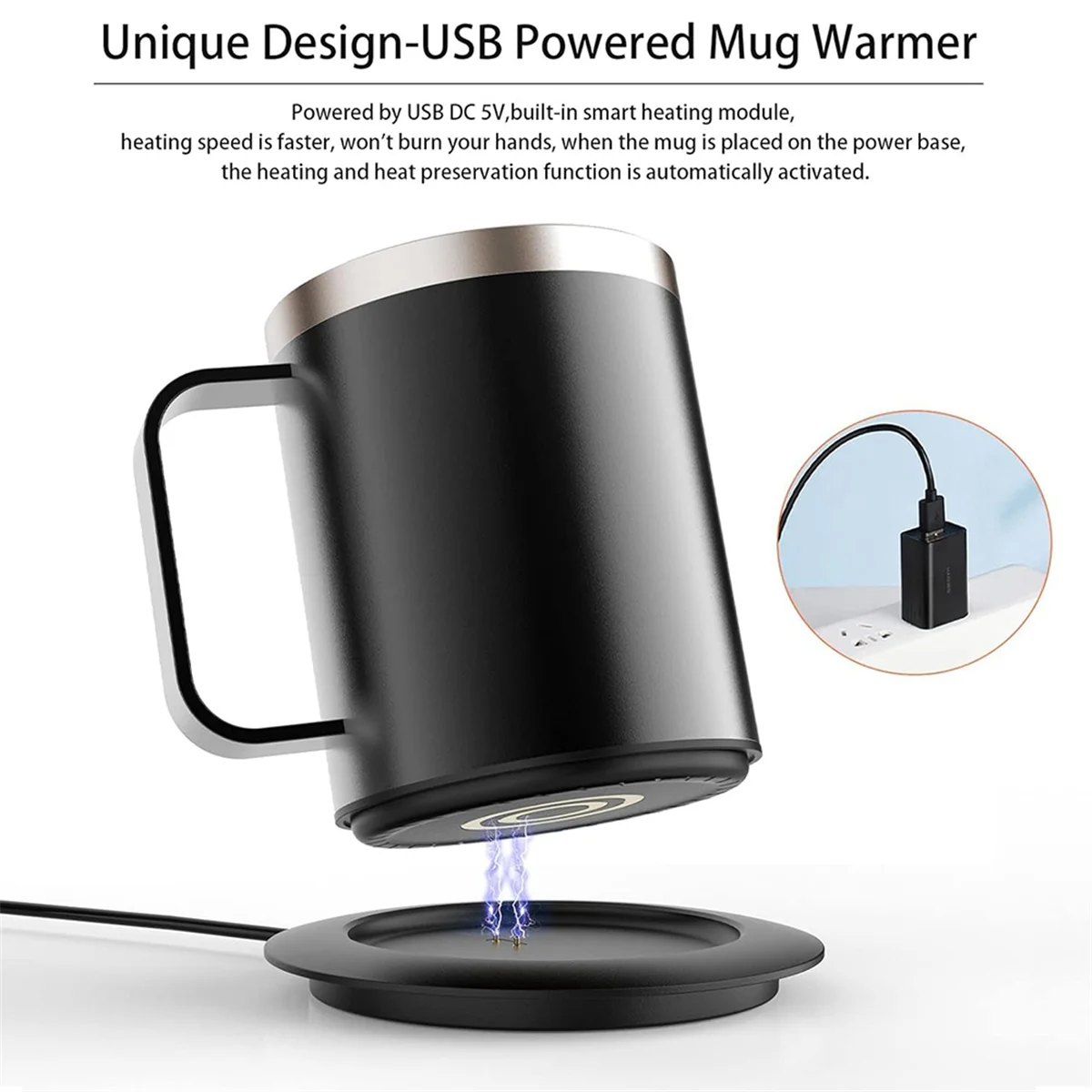 Self heating mug, temperature-controlled mug designed for coffee, tea, hot cocoa, and other everyday beverages.