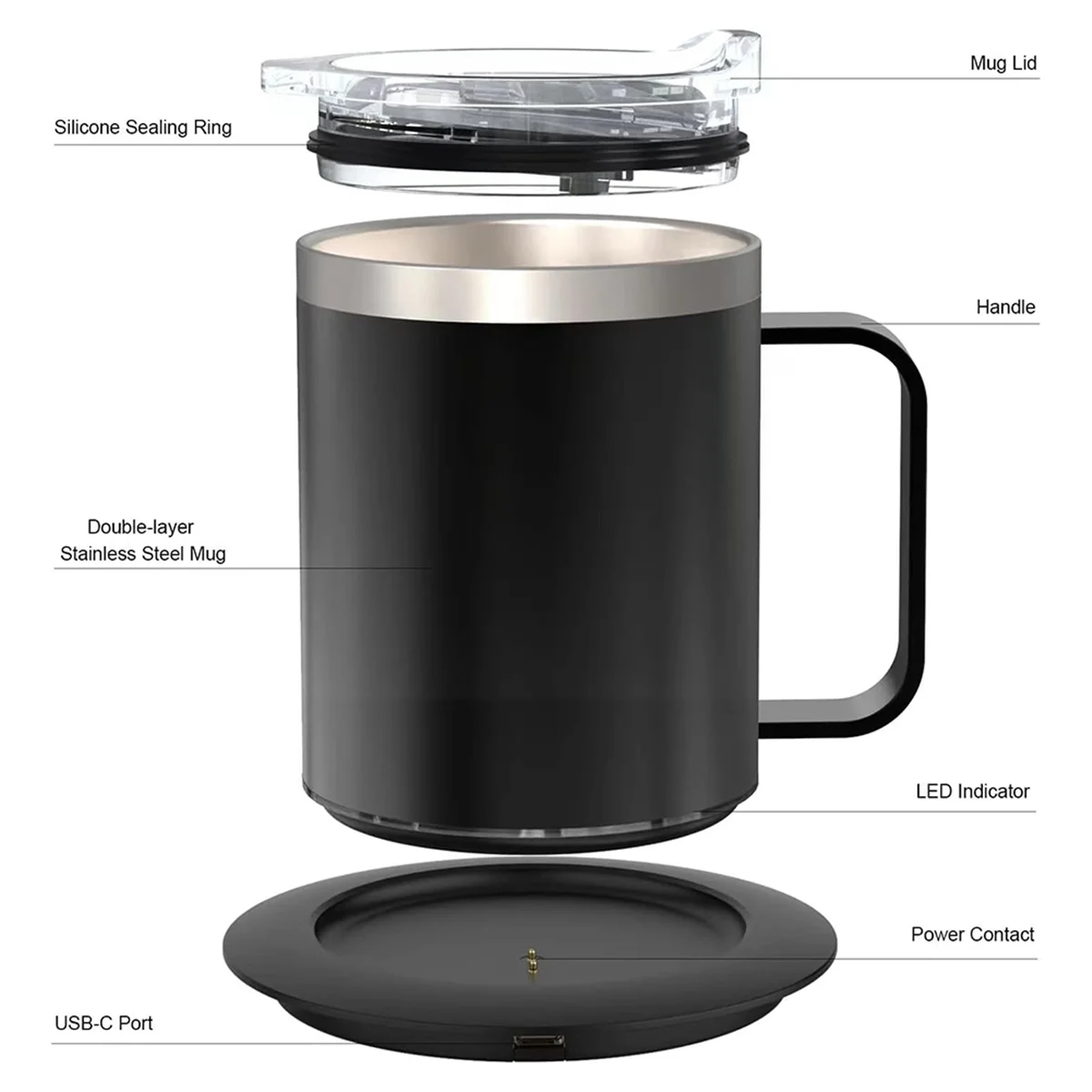 Self heating mug, temperature-controlled mug designed for coffee, tea, hot cocoa, and other everyday beverages.