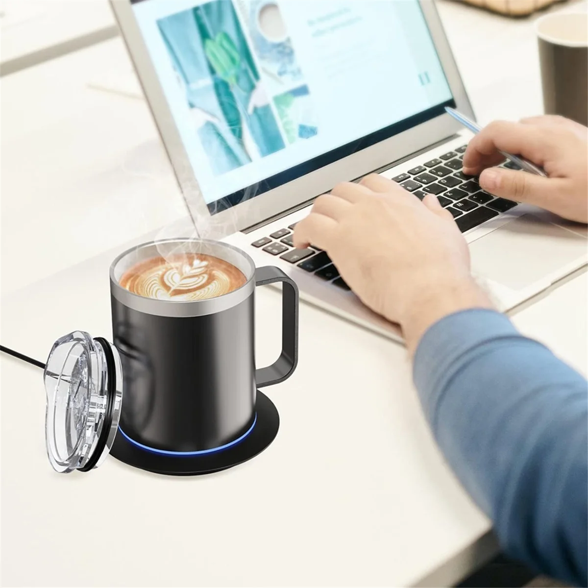 Self heating mug, temperature-controlled mug designed for coffee, tea, hot cocoa, and other everyday beverages.