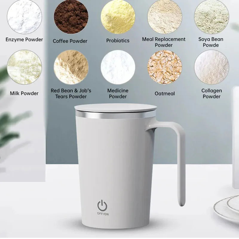 Automatic self-stirring mug designed for coffee, milk, hot cocoa, and other everyday beverages
