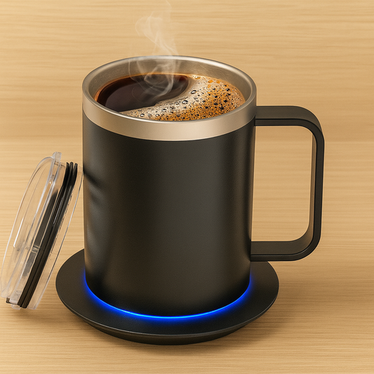 Self heating mug, temperature-controlled mug designed for coffee, tea, hot cocoa, and other everyday beverages.